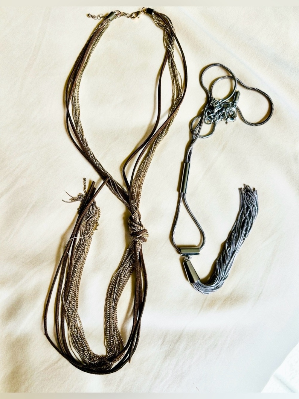 Multi-Strand Brown & Silver Layered Necklace Set